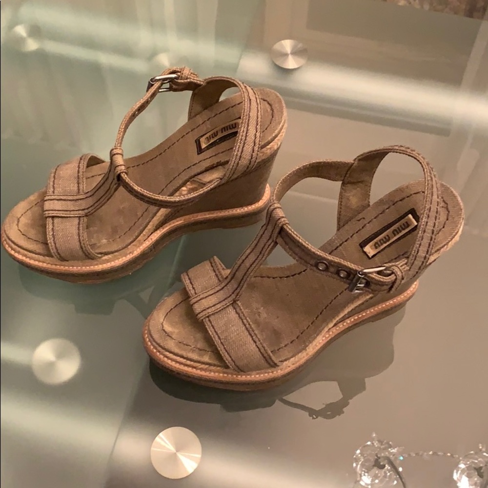 Miu Miu Nude Beige Canvas Sandals Wedges US 38